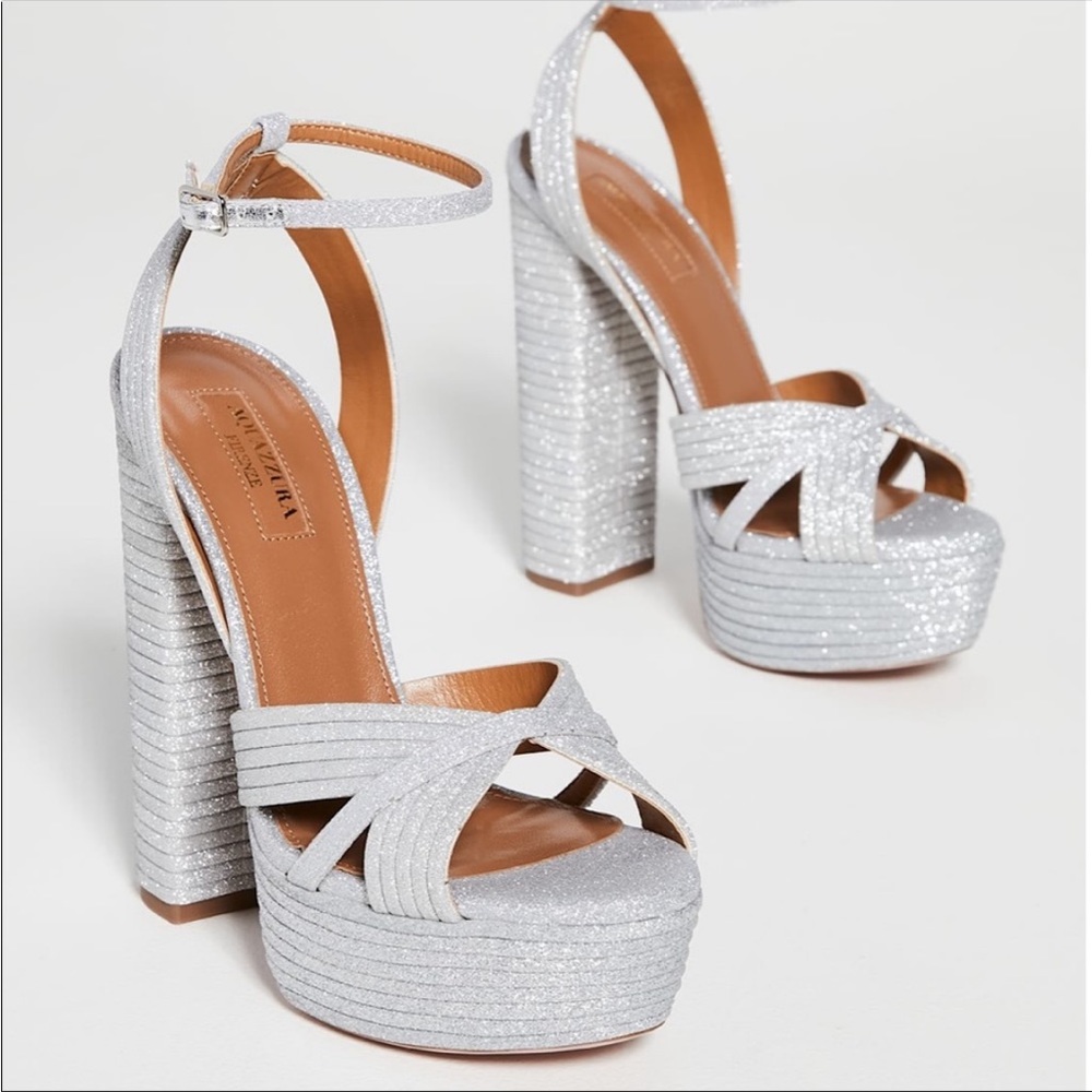 Aquazzura Silver Glitter Platform Block Heel Sandals